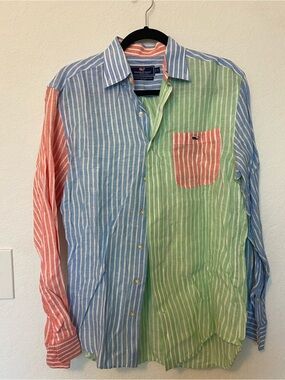 Vineyard Vines Striped Linen Button-Down in Blue, Green & Coral